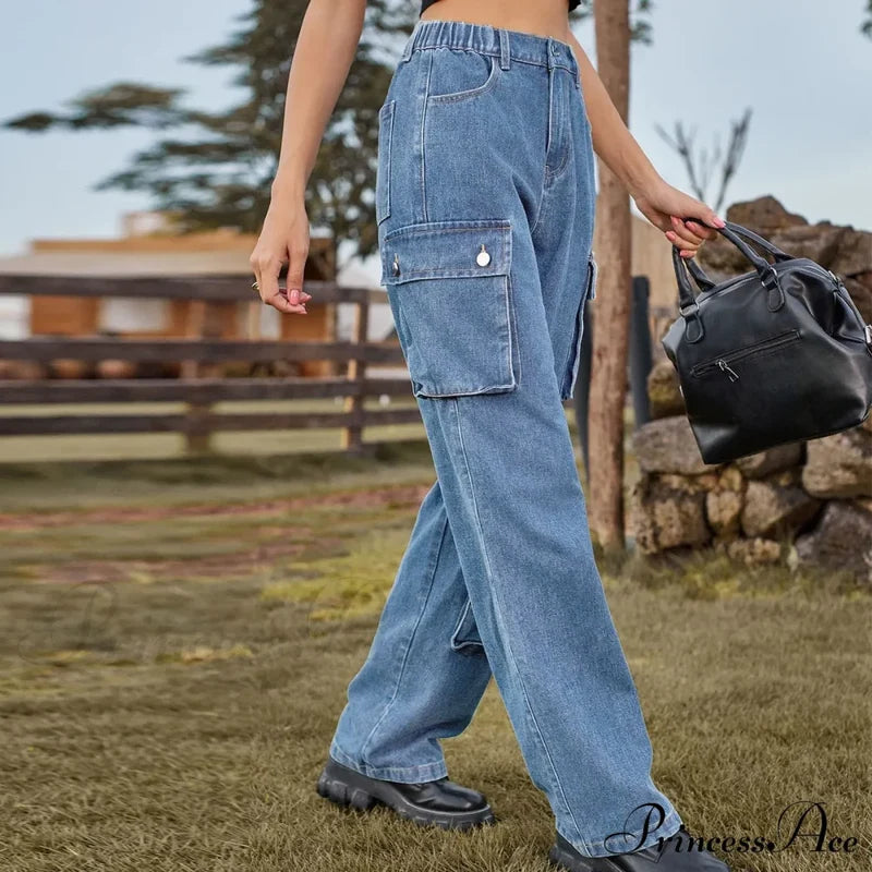 Multi Pocket Cargo Pantalones Jeans Light Blue / S