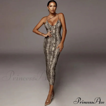 New Sexy Spaghetti Strap Leopard Print Sleeveless V-Neck Maxi Evening Party Bodycon Dress Brown / S