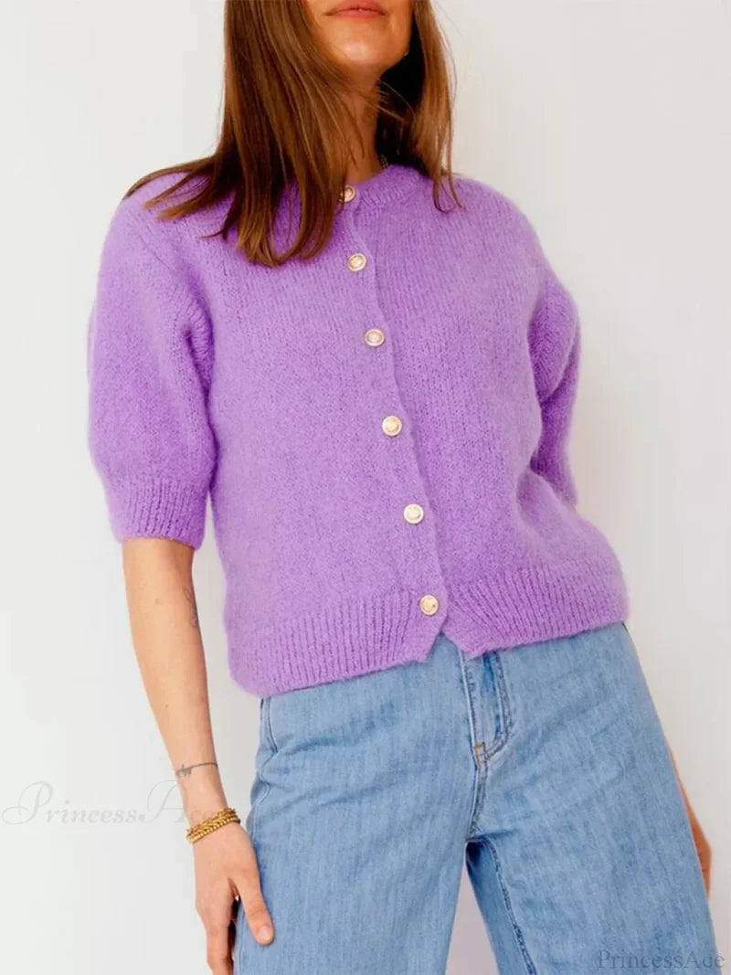 O-Neck Button-Up Slim Streetwear Knit Cardigan PURPLE / S cardiagn-250126