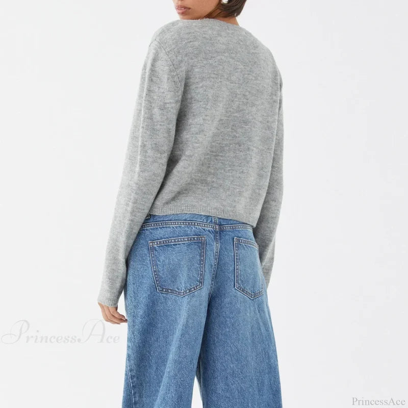 O-neck Cropped Button Knitted Cardigan bluegrey / S