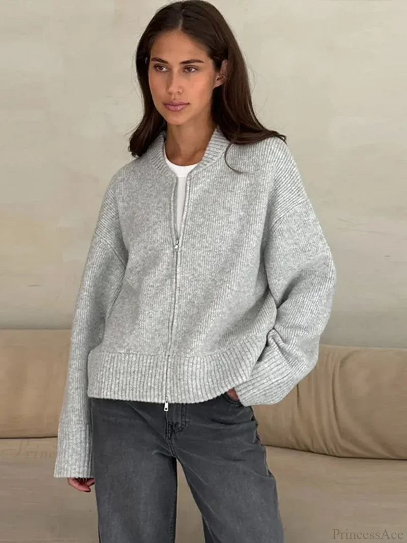 O-neck Zipper Loose Knit Cardigan Grey / S