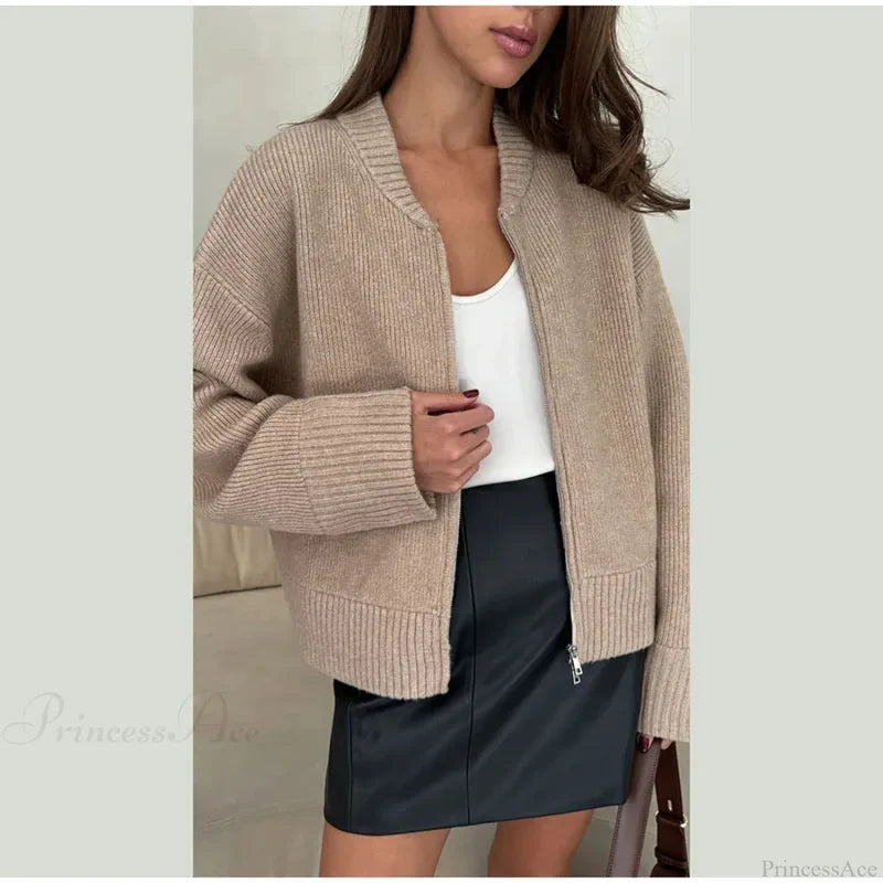 O-neck Zipper Loose Knit Cardigan khaki / S