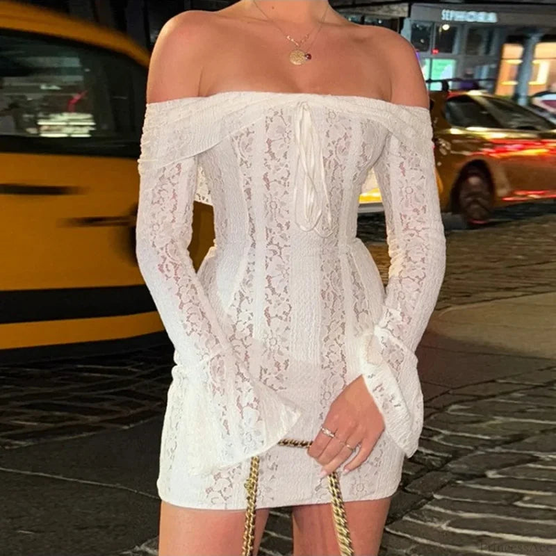 Off-Shoulder Bow Ruched Mini Dress WHITE / S minidress-250223
