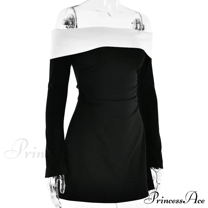 Off-Shoulder Contrast Long Charming Sleeve Mini Dress