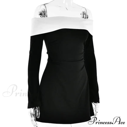 Off-Shoulder Contrast Long Charming Sleeve Mini Dress