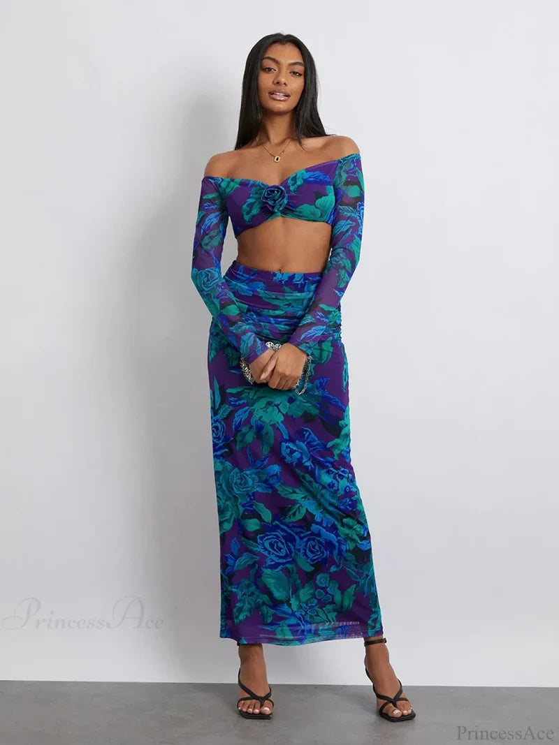 Off-Shoulder Crop Top High Waist Long Floral Skirt floraldress-250126