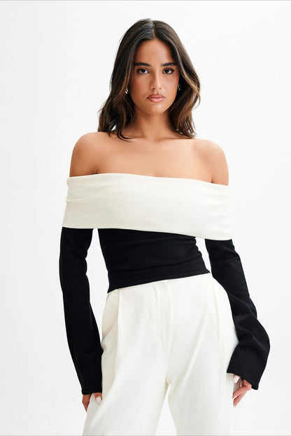 Off-Shoulder Fitted Knit Sweater