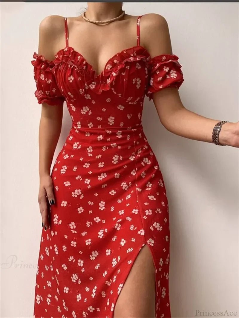 Off-Shoulder Frilly Suspender Short Sleeve Split Mid-Length A-Line Floral Dress floraldress-250126
