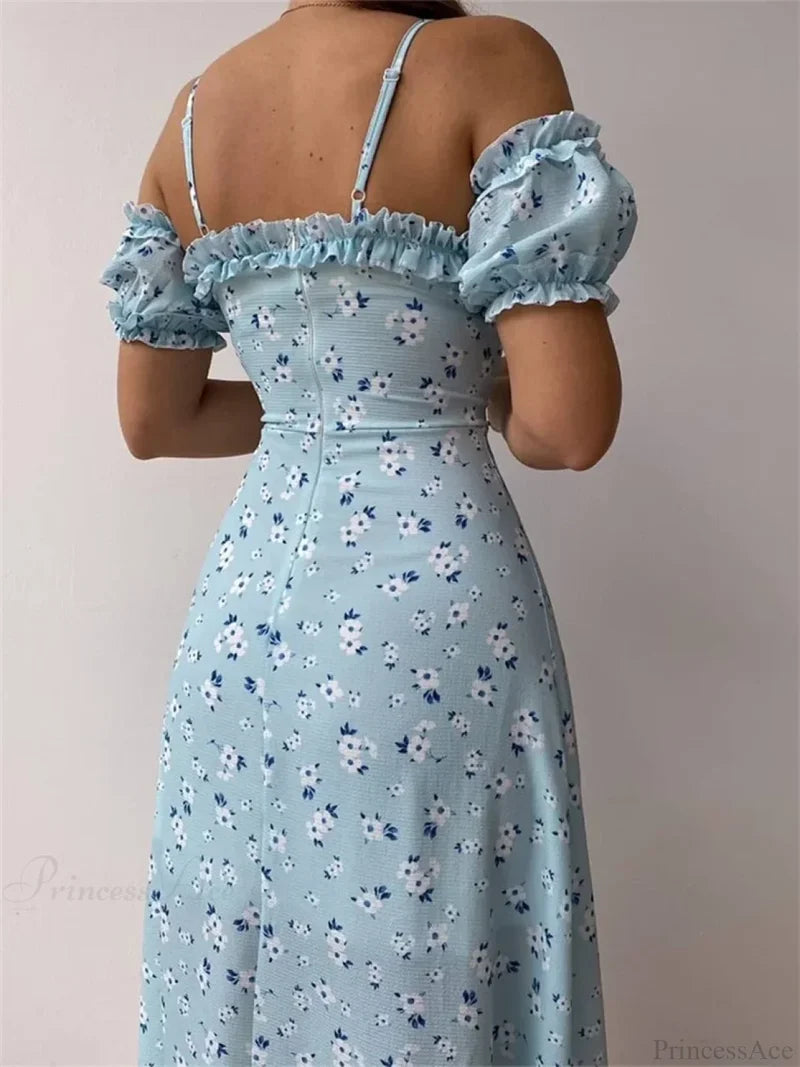 Off-Shoulder Frilly Suspender Short Sleeve Split Mid-Length A-Line Floral Dress floraldress-250126