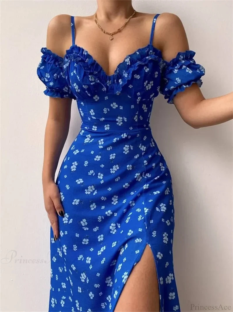 Off-Shoulder Frilly Suspender Short Sleeve Split Mid-Length A-Line Floral Dress floraldress-250126