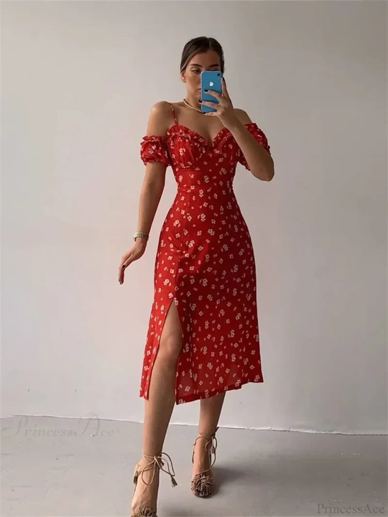 Off-Shoulder Frilly Suspender Short Sleeve Split Mid-Length A-Line Floral Dress Red / S floraldress-250126