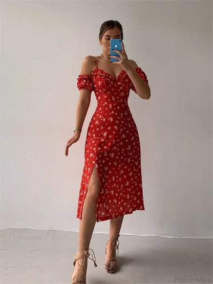 Off-Shoulder Frilly Suspender Short Sleeve Split Mid-Length A-Line Floral Dress Red / S floraldress-250126