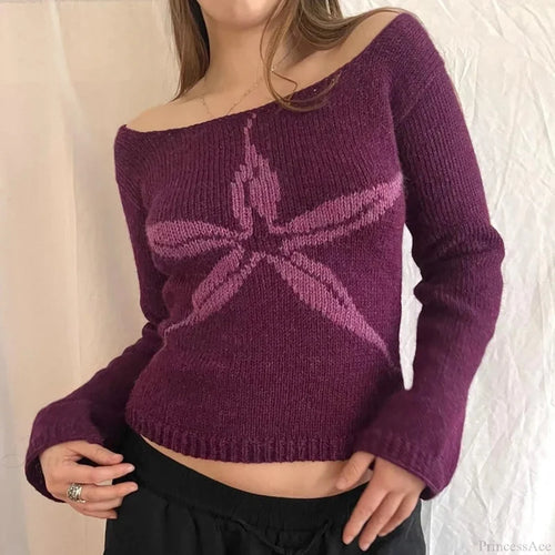 Off Shoulder Graphic Print Sweater Long Sleeve Knit Top Women RED / S knittop-250126