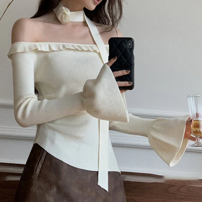 Off Shoulder Knit Crop Long Flare Sleeve Ruffle Trim Knit Top knittop-250126