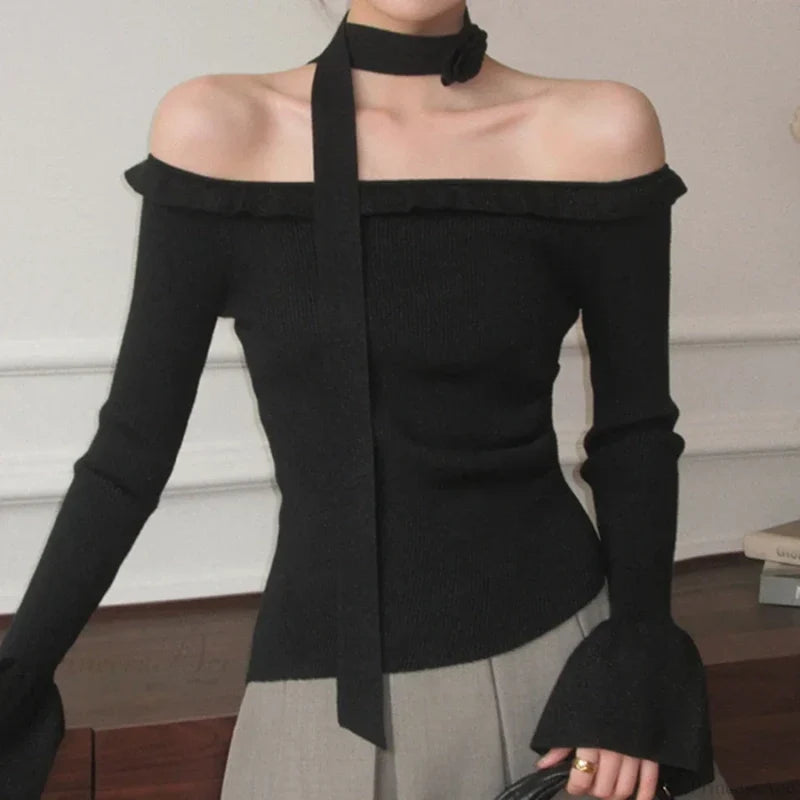 Off Shoulder Knit Crop Long Flare Sleeve Ruffle Trim Knit Top Black / One Size knittop-250126
