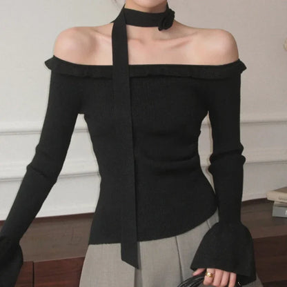 Off Shoulder Knit Crop Long Flare Sleeve Ruffle Trim Knit Top Black / One Size knittop-250126