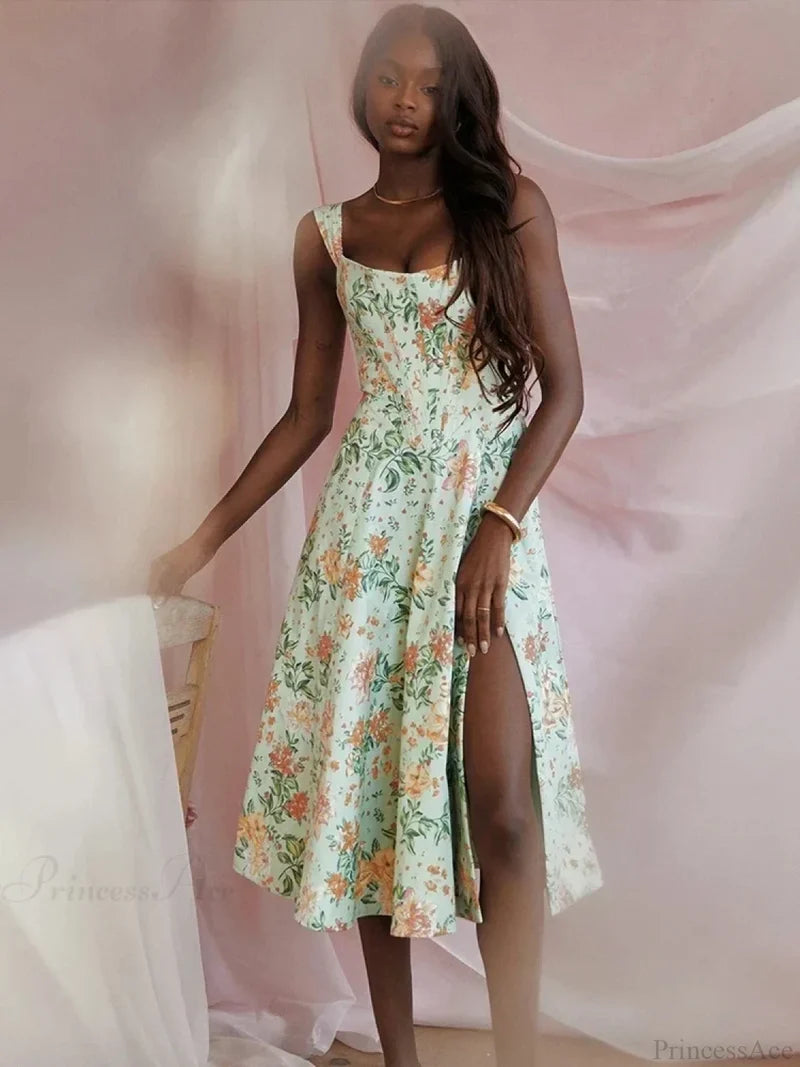 Off Shoulder Midi A-line Vacation Dress Green / S vacationdress-250223