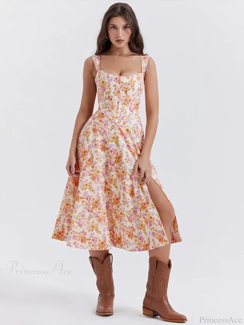 Off Shoulder Midi A-line Vacation Dress Orange / S vacationdress-250223