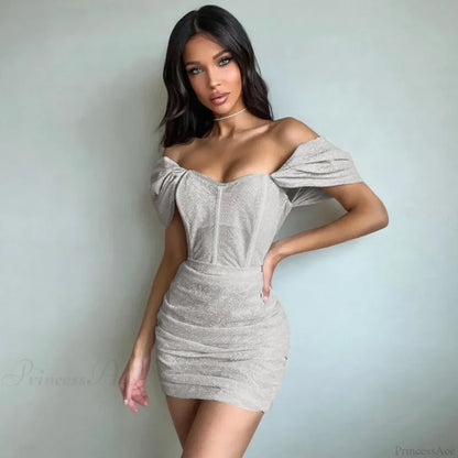 Off-Shoulder Pleated Mini Dress minidress-250223