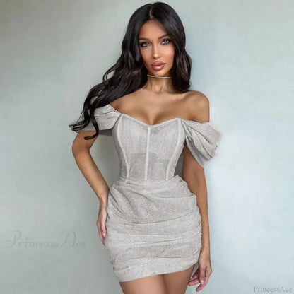 Off-Shoulder Pleated Mini Dress minidress-250223