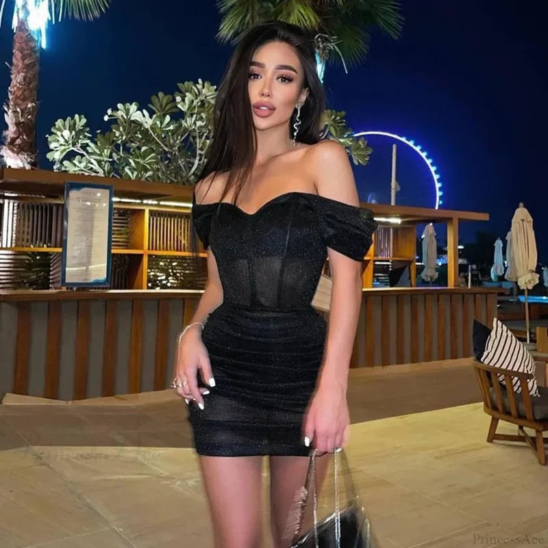 Off-Shoulder Pleated Mini Dress Black / S minidress-250223