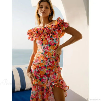 Off Shoulder Print Sarong Two Piece Set color1 / S