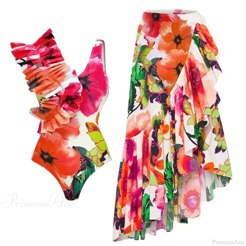 Off Shoulder Print Sarong Two Piece Set color9 / S
