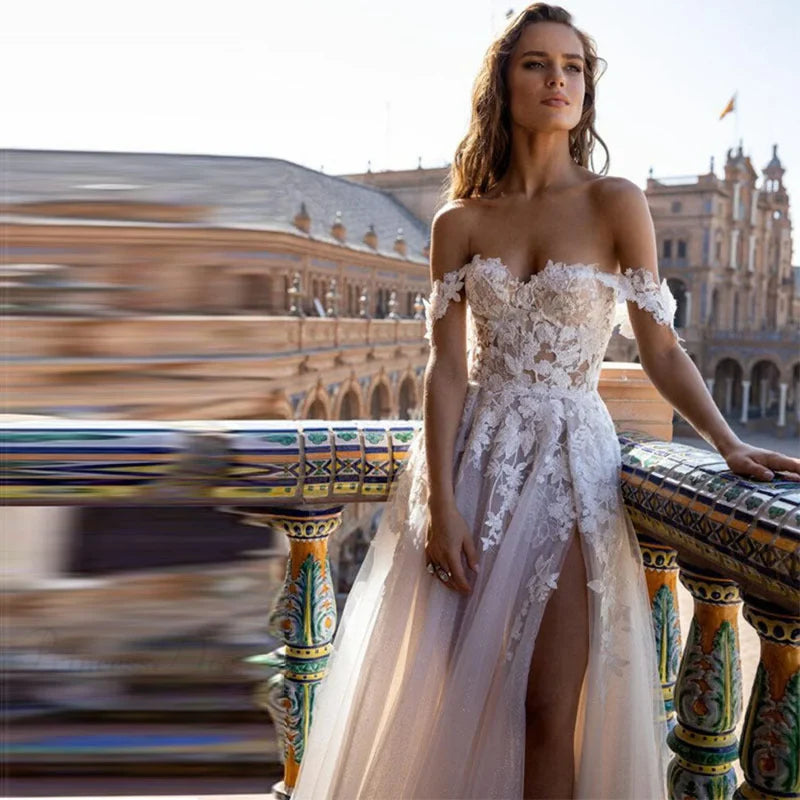 Off-Shoulder Sheer A-Line Wedding Dress weddingdress-250223