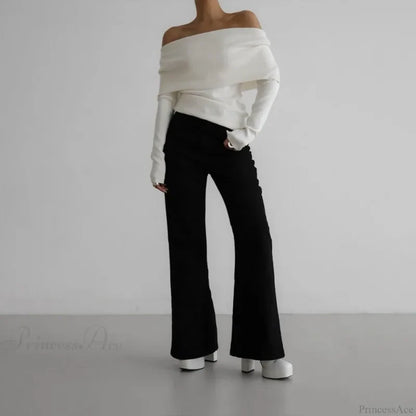 Off-Shoulder Solid Long Sleeve Knitted Sweater