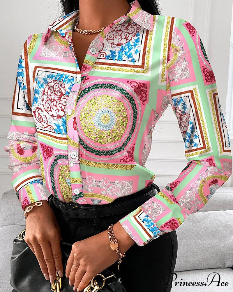 Office Lady Print Button Shirts 1 / S