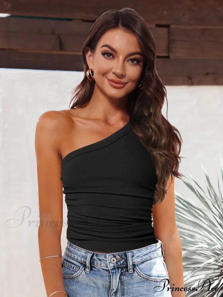 Ribbed One-Shoulder Tank Black clothes MDML Ship From Overseas Shipping Delay 09/29/2023 - 10/02/2023 shirt shirts short sleeve top tops trend