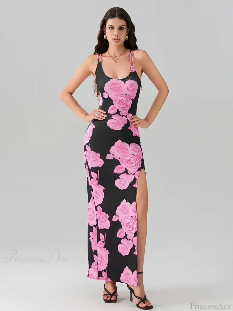 Open Back High Split Floral Print Bodycon Cami Club Floral Dress floraldress-250126