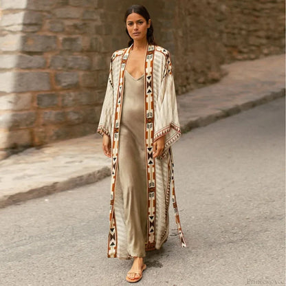 Orange Floral Cotton Kimono Beach Cover up Boho Beige / One Size bohocoverup-250126