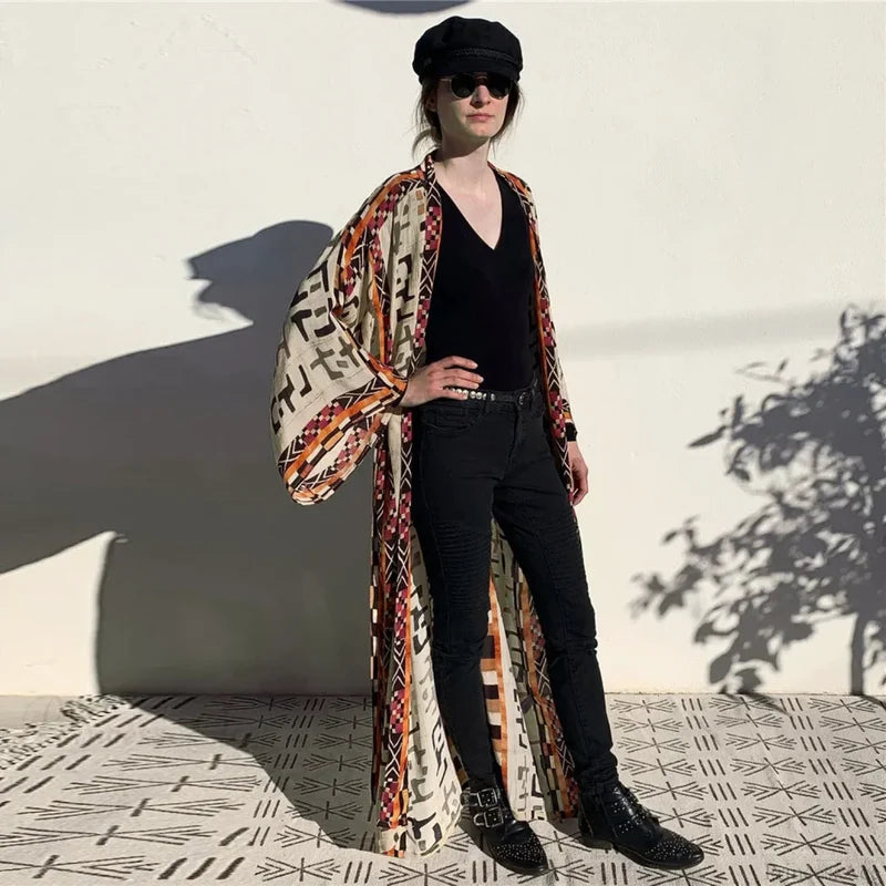 Orange Floral Cotton Kimono Beach Cover up Boho Black / One Size bohocoverup-250126