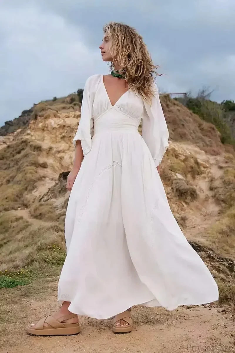 Oversized Backless Deep V Cotton Boho Dress bohodress-250126