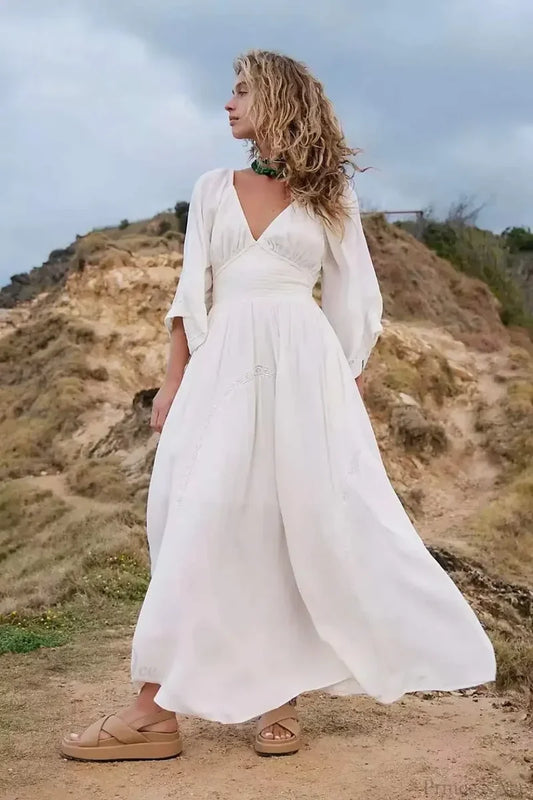 Oversized Backless Deep V Cotton Boho Dress bohodress-250126