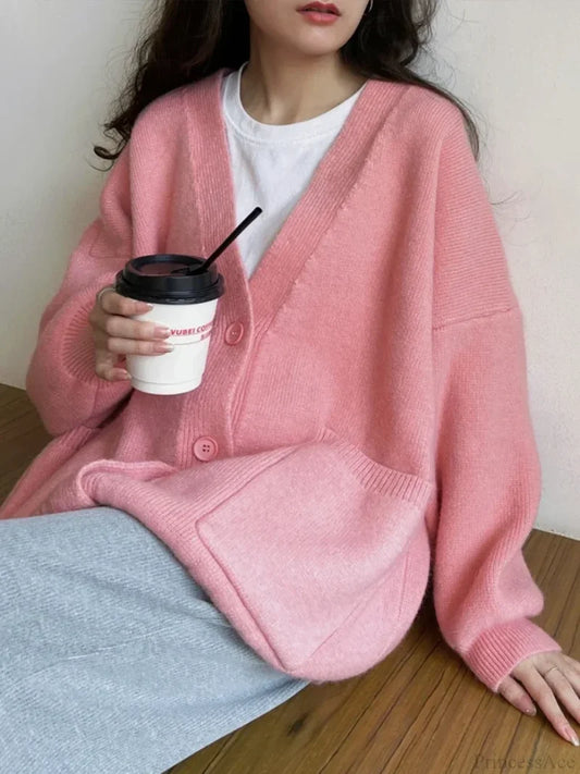 Oversized Preppy V-Neck Knitted Knit Cardigan cardiagn-250126