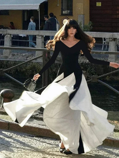 Patchwork Border Long Sleeve Full-Length Dress