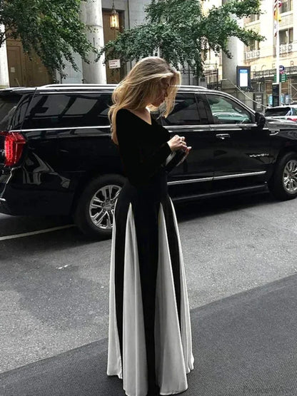 Patchwork Border Long Sleeve Full-Length Dress