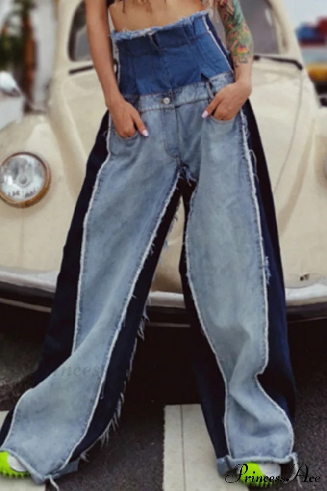Patchwork Denim Waist High Jeans Blue / S Denim/Jeans