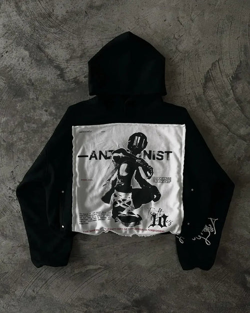Patchwork Embroidered Black Hoodie black 3 / S