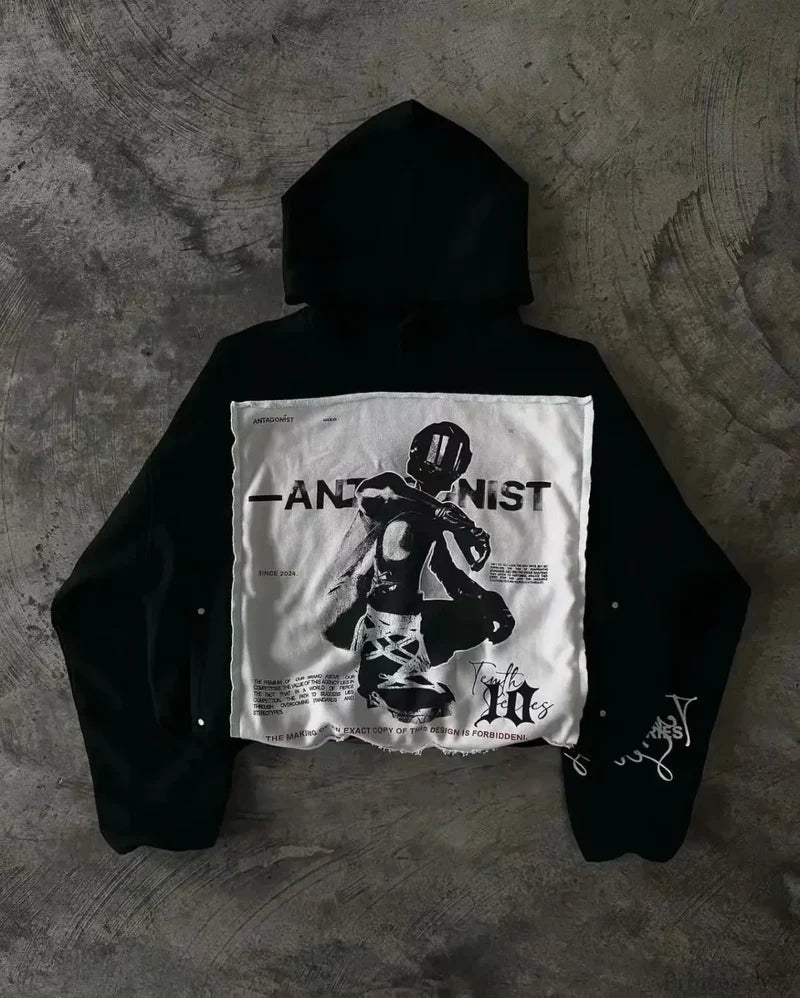 Patchwork Embroidered Black Hoodie