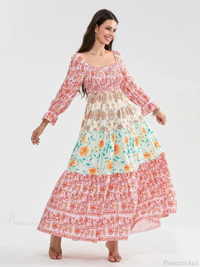Patchwork Floral Bohemian Off-Shoulder Puff Sleeve Ruffled Vacation Beach Dress floraldress-250126