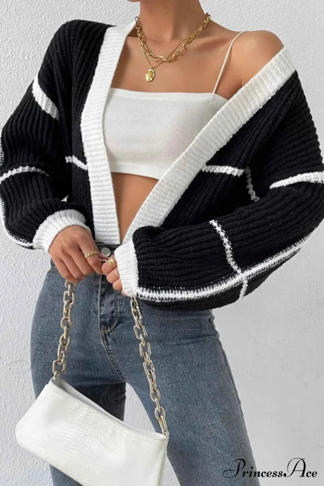 Patchwork Knit Long Sleeve Open-Front Cardigan Black / L Cardigans