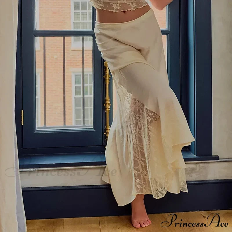 Patchwork Lace Midi Low Waist Summer Skirt White / S