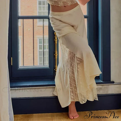 Patchwork Lace Midi Low Waist Summer Skirt White / S