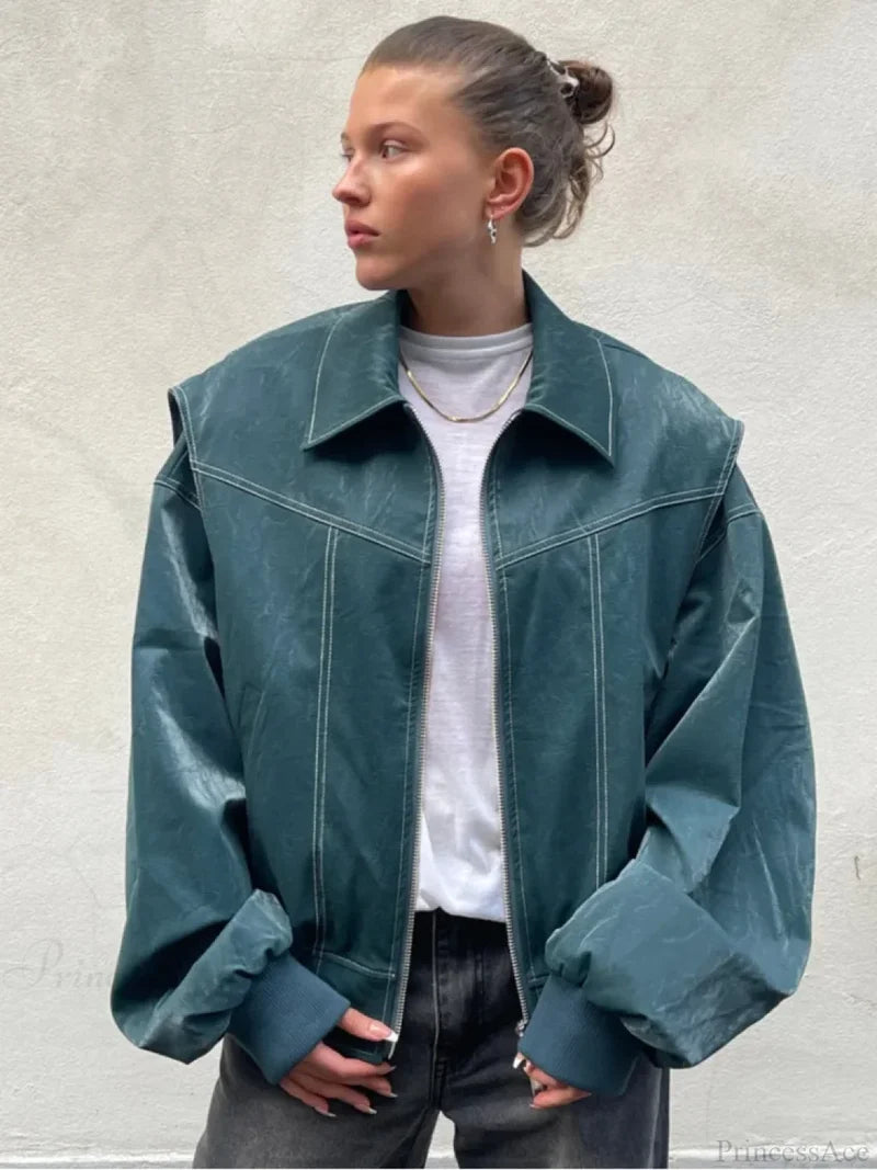 Patchwork PU Leather Short Coat turquoise / S