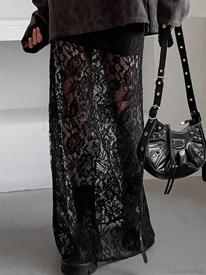 Patchwork See-Through Maxi Skirt skirts-250223