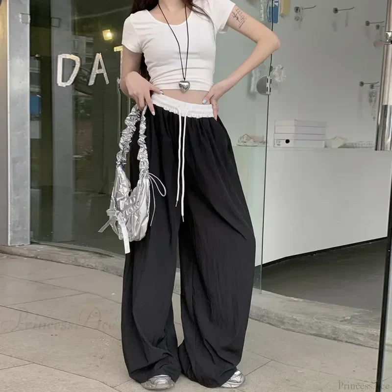 Patchwork Wide Leg Casual Drape Straight Pant Black / S pant-250223