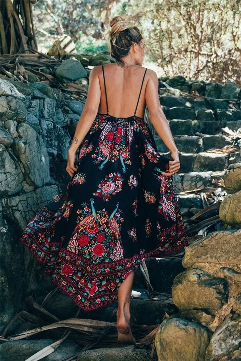 Peacock Floral Print Sleeveless Beach Bohemian Maxi Boho Dress bohodress-250126